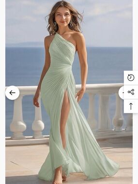 One-Shoulder Mint Green Ruched Evening Gown